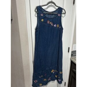 VTG Agapo Denim Dress Floral Maxi  Embroidered  Sz XL 90s Y2K Teacher Sun
